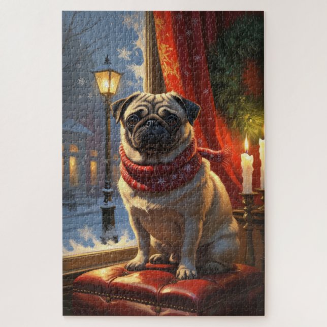 Pug with Christmas Lights Holiday Jigsaw Puzzle (Vertical)