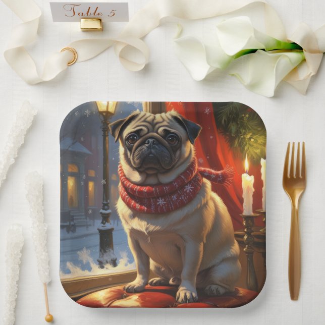 Pug with Christmas Lights Holiday Paper Plates (Wedding)