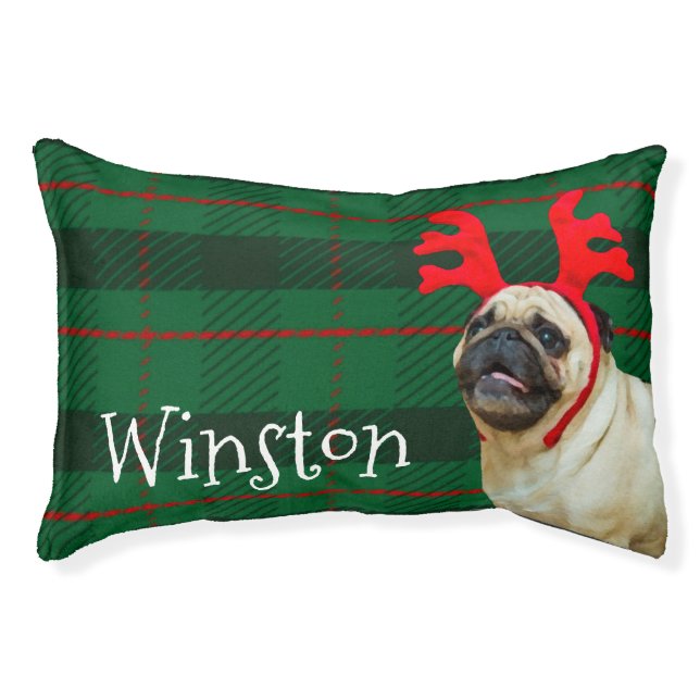 Pug with Christmas Plaid And Dog’s Name Pet Bed (Front)