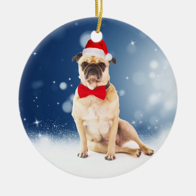 Pug with Christmas Santa Hat Ceramic Ornament (Front)