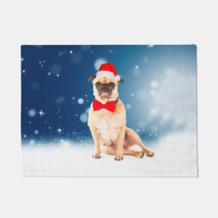 Pug with Christmas Santa Hat Doormat