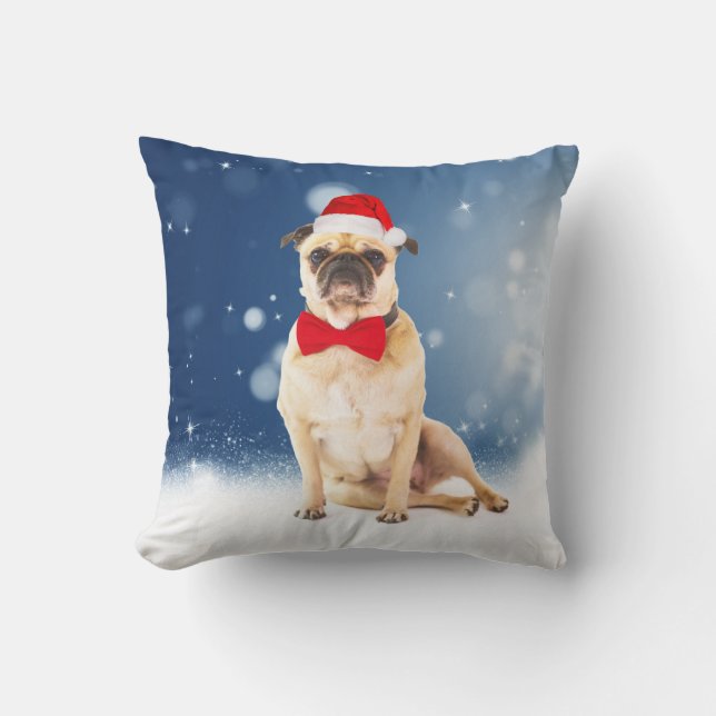 Pug with Christmas Santa Hat Throw Pillow (Front)