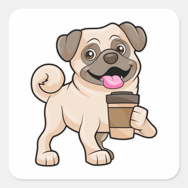 Pug with Coffee to go Square Sticker (Front)