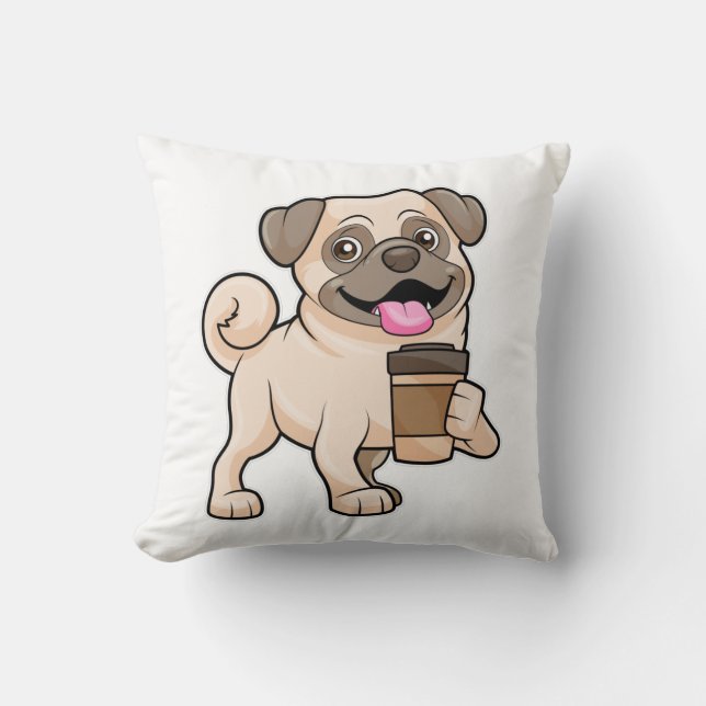 Pug with Coffee to go Throw Pillow (Front)