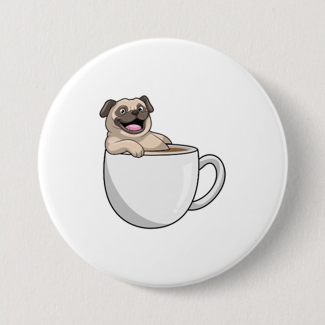 Pug with Cup of Coffee Button (Front)