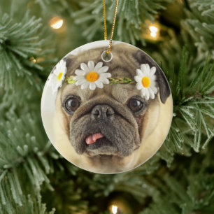 Pug with Daisy Crown Ceramic Ornament