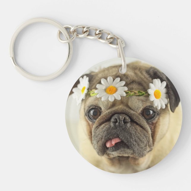 Pug with Daisy Crown Keychain (Front)