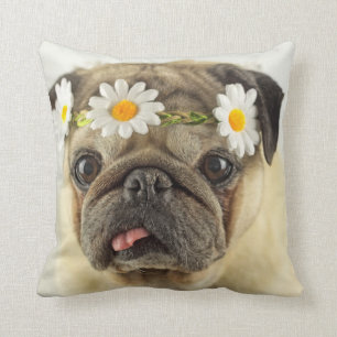 Pug with Daisy Crown Throw Pillow