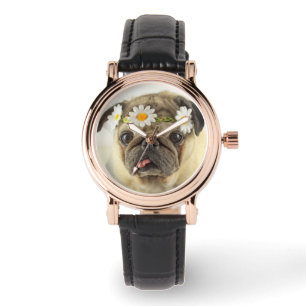 Pug with Daisy Crown Watch