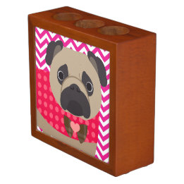 Pug With Dots on Hot Pink and White Chevron Stripe Pencil Holder
