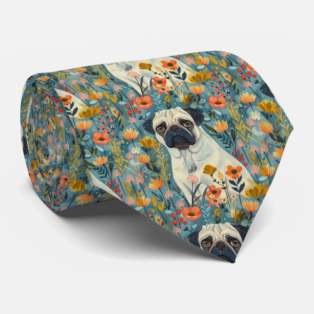 Pug With Flowers Gouache Neck Tie (Rolled)