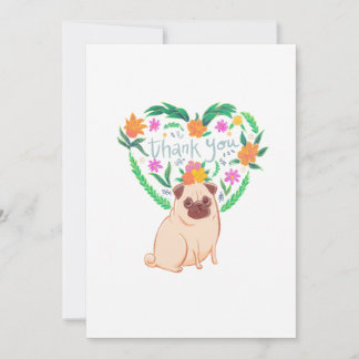pug with Flowers in heart Thank You Card