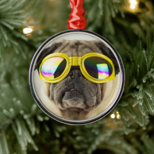 Pug with Goggles Metal Ornament