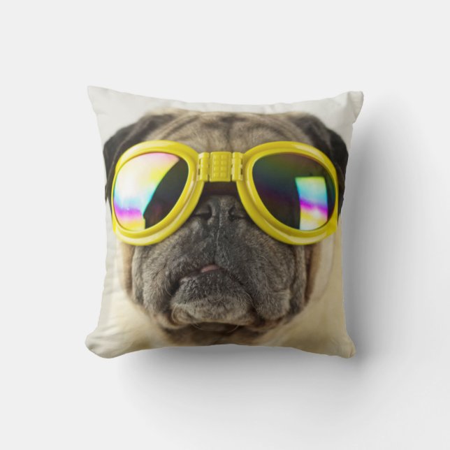Pug with Goggles Throw Pillow (Front)