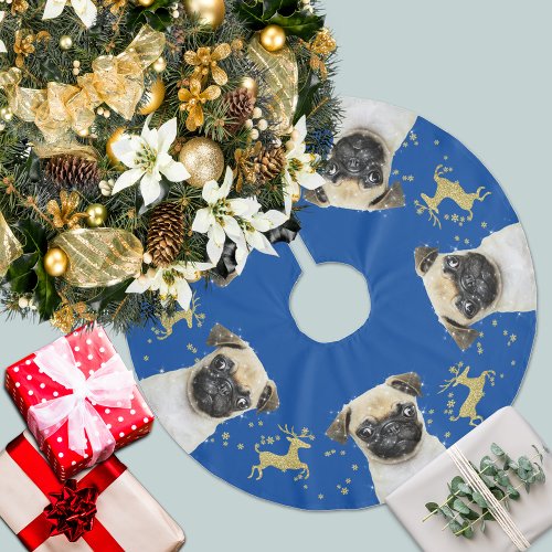 Pug with Gold Glitter Deer Christmas  Blue Brushed Polyester Tree Skirt