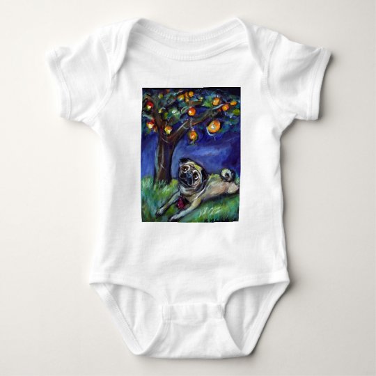 pug with kong under chinese lamp night sky baby bodysuit