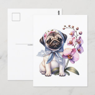 Pug with Orchid Branch, Postcrossing Postcard