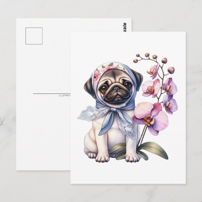 Pug with Orchid Branch, Postcrossing Postcard (Front/Back)