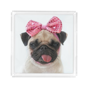 Pug with Pink Bow Acrylic Tray
