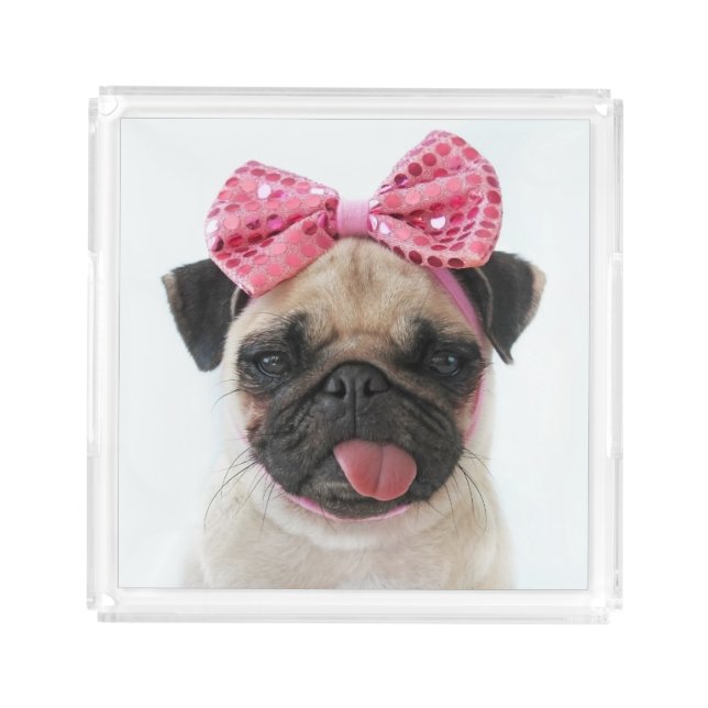 Pug with Pink Bow Acrylic Tray (Front)