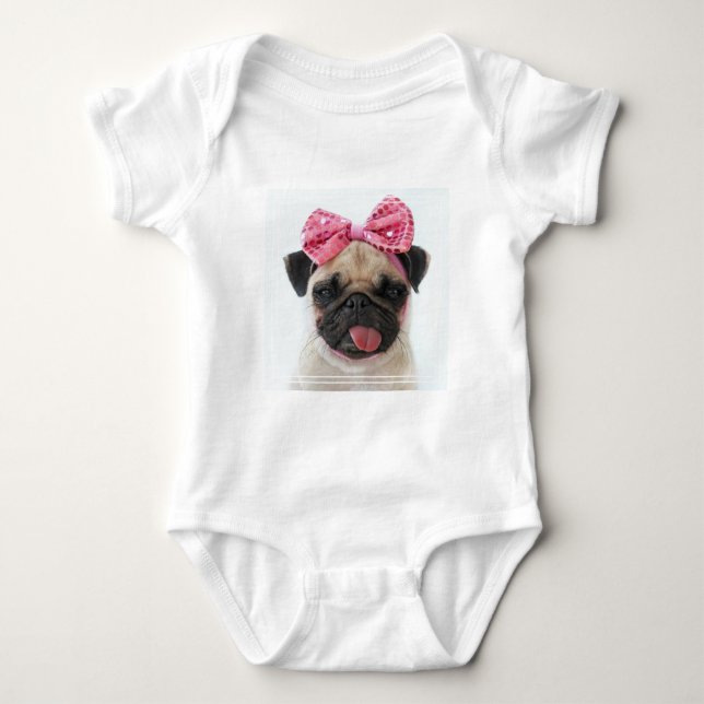 Pug with Pink Bow Baby Bodysuit (Front)