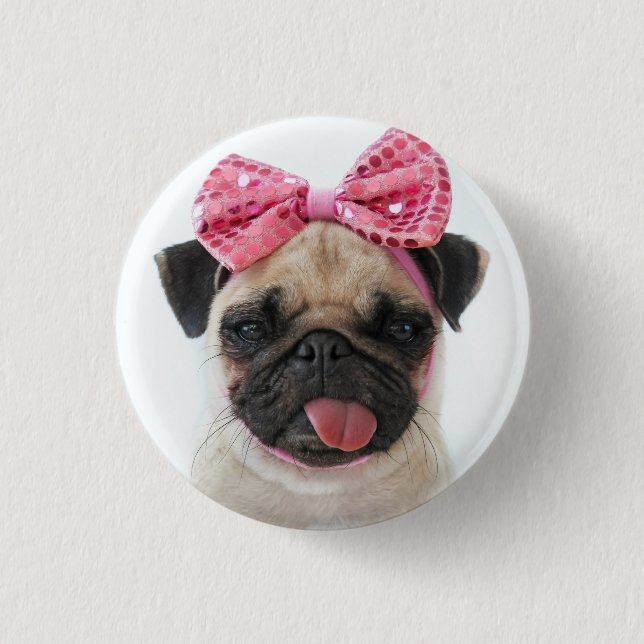 Pug with Pink Bow Button (Front)