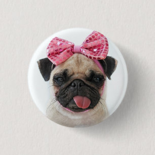 Pug with Pink Bow Button