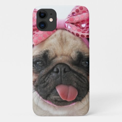Pug with Pink Bow iPhone 11 Case
