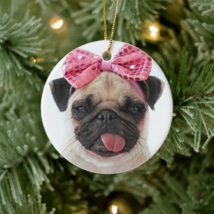 Pug with Pink Bow Ceramic Ornament