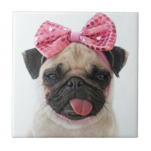 Pug with Pink Bow Ceramic Tile