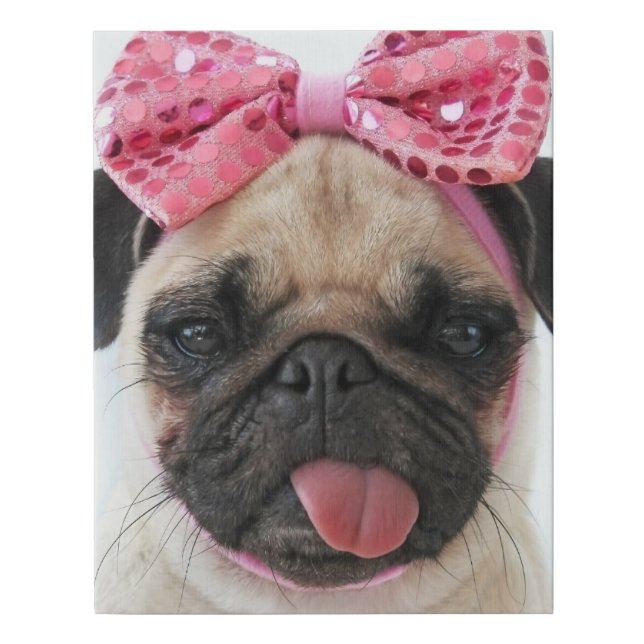 Pug with Pink Bow Faux Canvas Print (Front)