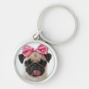 Pug with Pink Bow Keychain