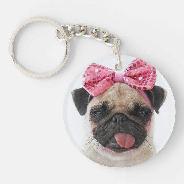 Pug with Pink Bow Keychain (Front)