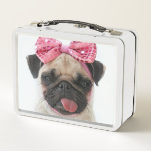 Pug with Pink Bow Metal Lunch Box