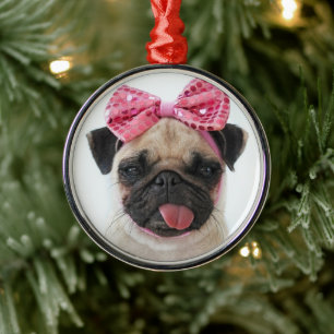 Pug with Pink Bow Metal Ornament