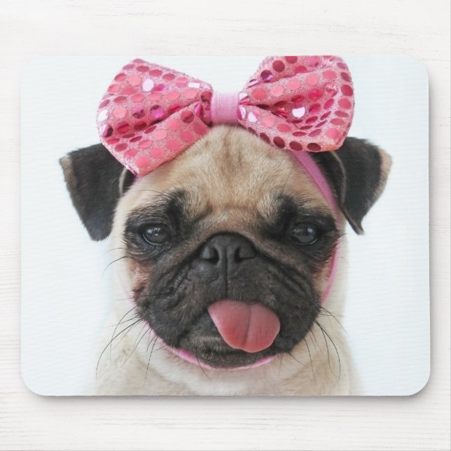 Pug with Pink Bow Mouse Pad (Front)