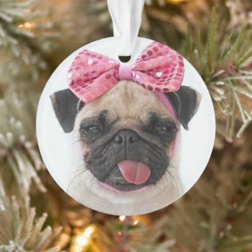 Pug with Pink Bow Ornament