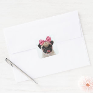 Pug with Pink Bow Square Sticker
