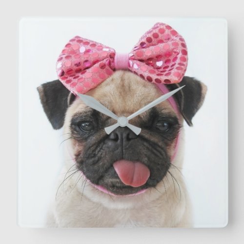 Pug with Pink Bow Square Wall Clock