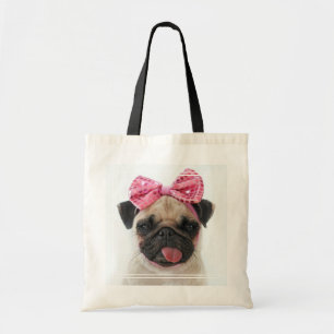 Pug with Pink Bow Tote Bag