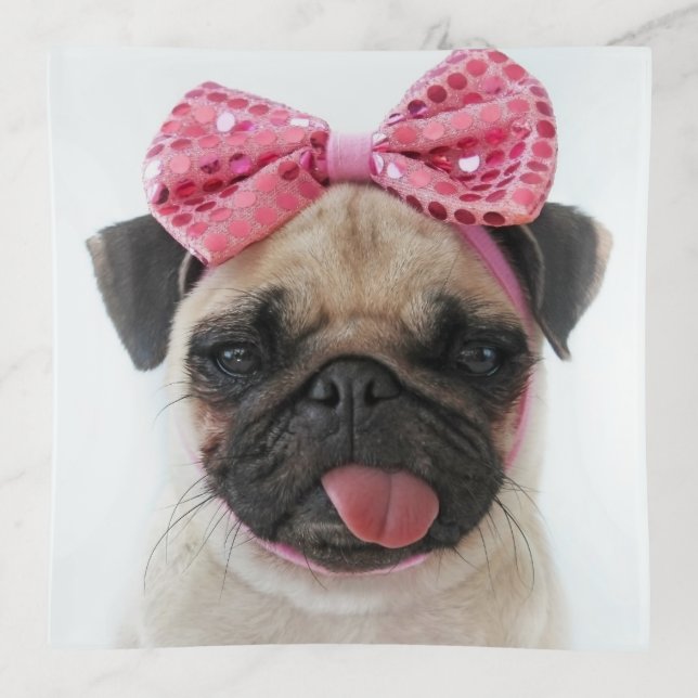 Pug with Pink Bow Trinket Tray (Front)