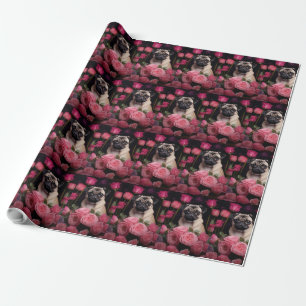 Pug with Pink Roses Flowers Floral Wrapping Paper