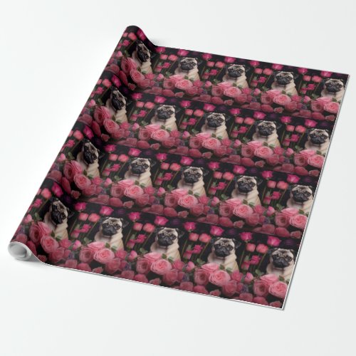 Pug with Pink Roses Flowers Floral Wrapping Paper