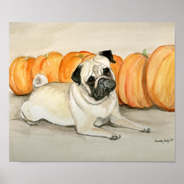 "Pug with Pumpkins" Dog Art Print (Front)