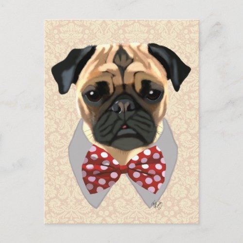 Pug with Red and White Spotty Bow Tie Postcard