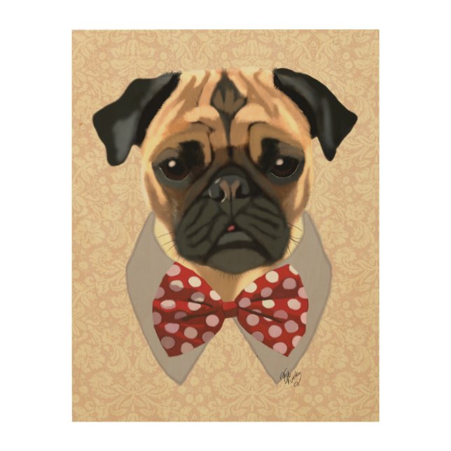 Pug with Red and White Spotty Bow Tie Wood Wall Decor (Front)