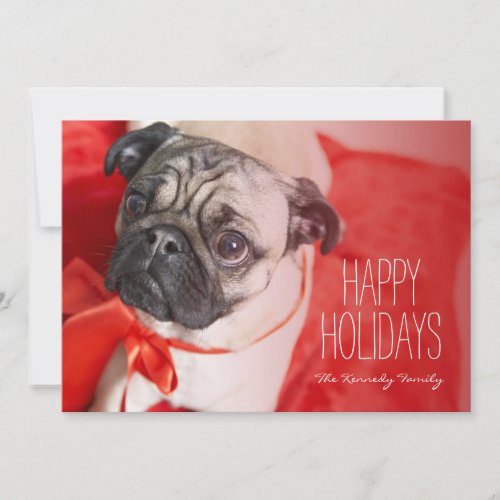 Pug with red ribbon holiday card