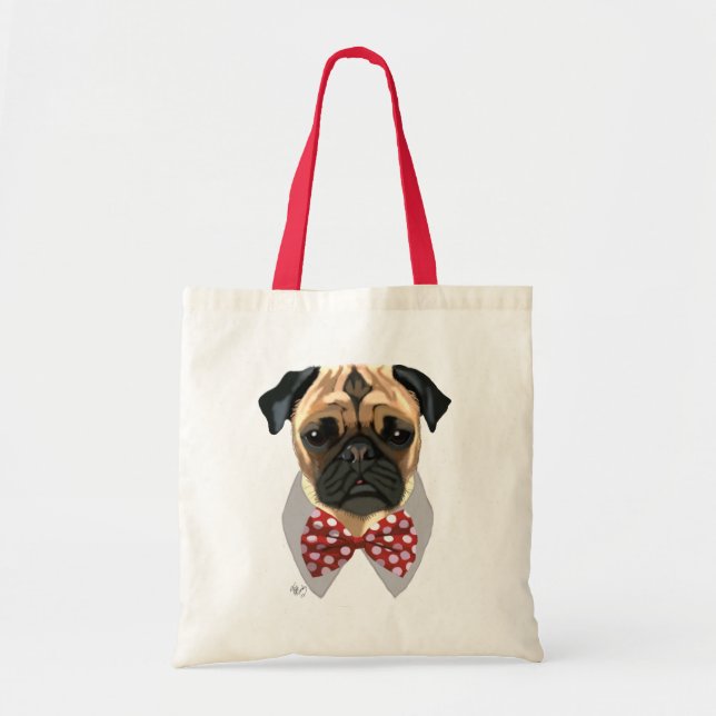 Pug with Red Spotted Bow Tie Tote Bag (Front)