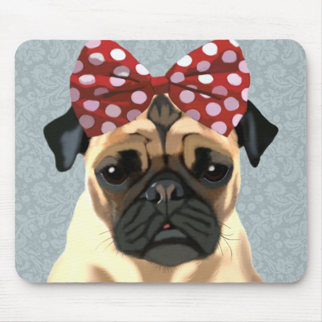 Pug with Red Spotty Bow On Head 2 Mouse Pad (Front)