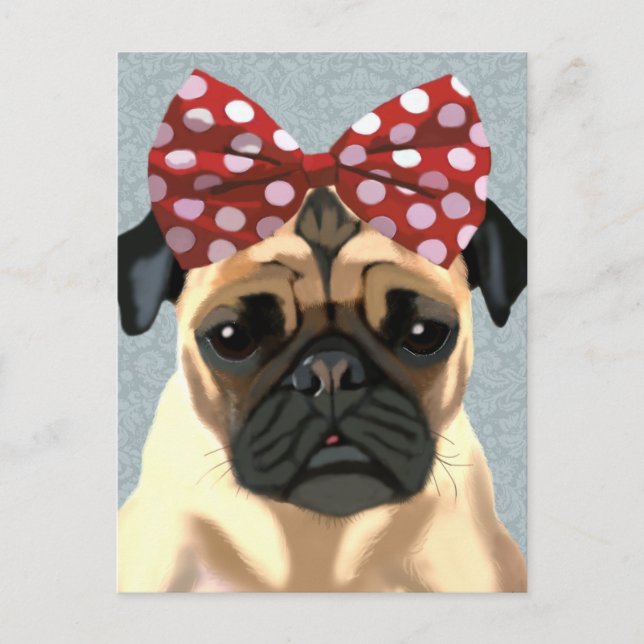Pug with Red Spotty Bow On Head 2 Postcard (Front)